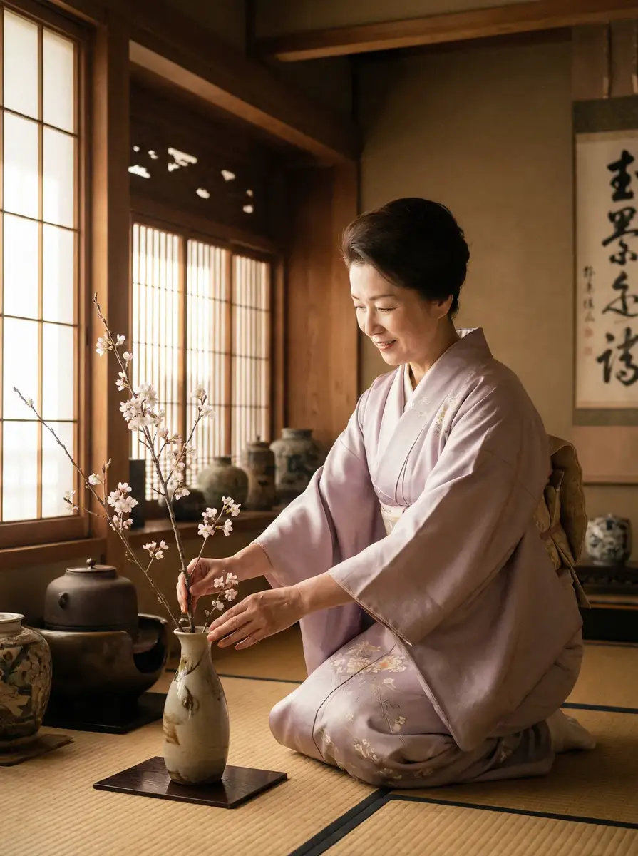 一位优雅的 凯发平台 在和室中插花